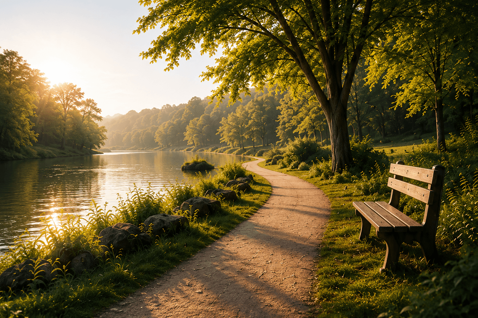 Peaceful river pathway through a sunlit forest
