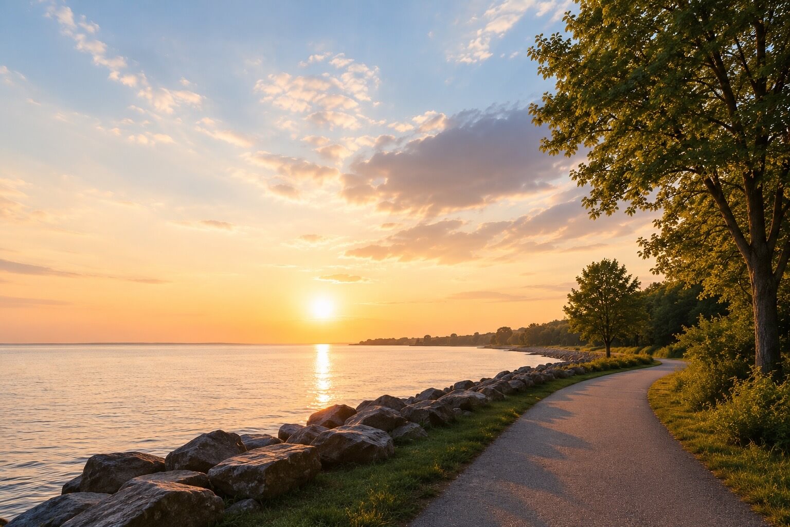 Peaceful lakeside path at sunset
